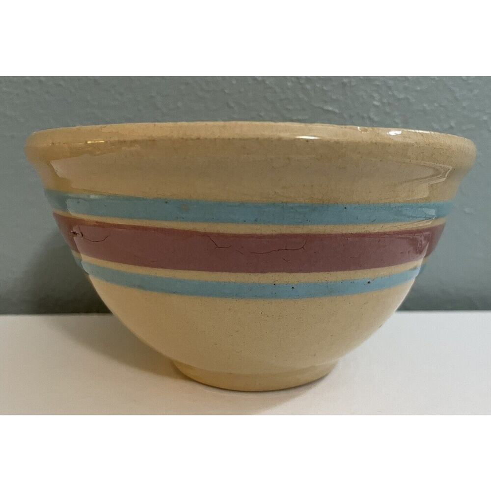 Vintage Watt Oven Yellow Ware Pink & Blue Striped 6" Mixing Bowl Farmhouse